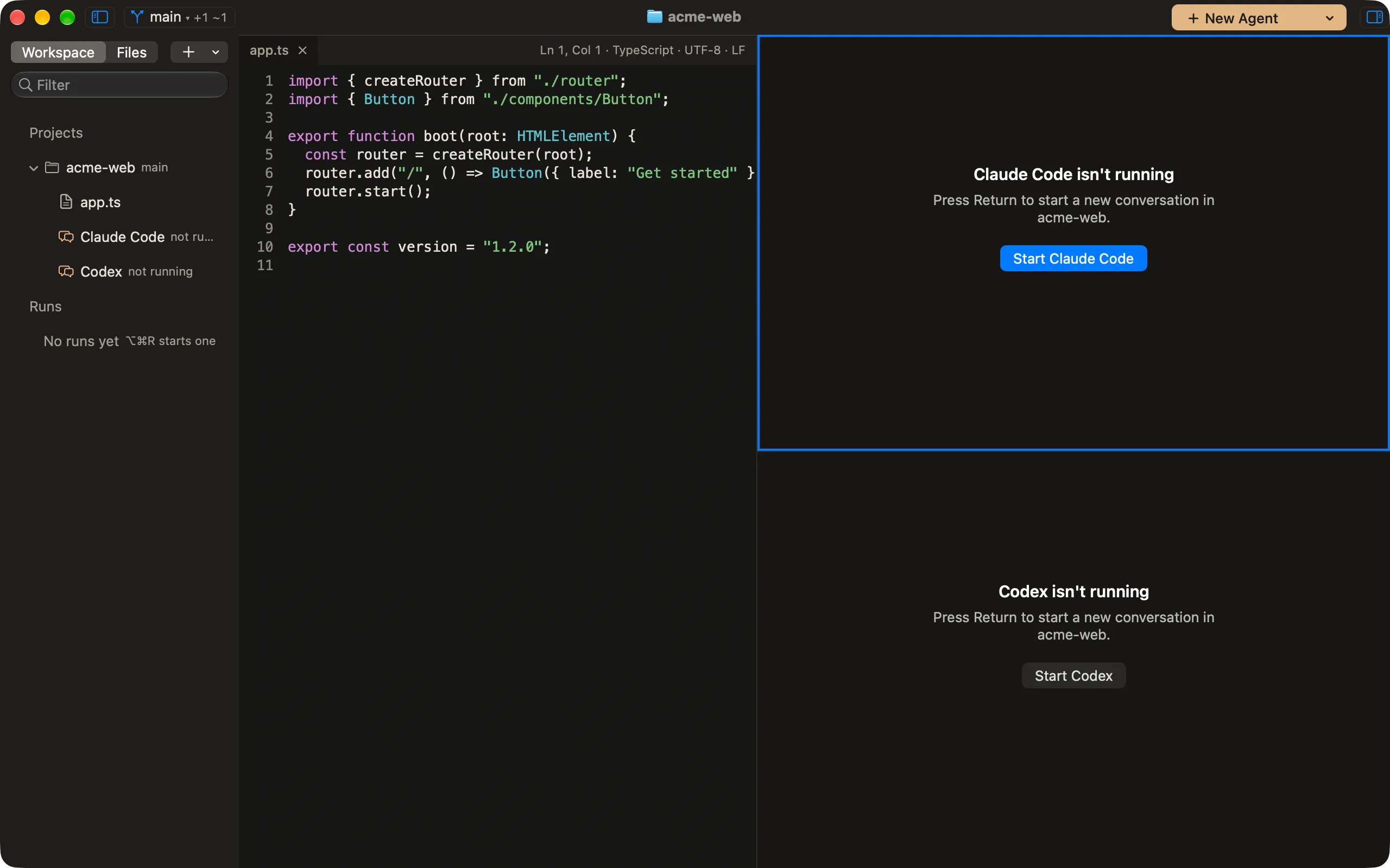 Rove window with a file tree, a TypeScript editor and two agent panes for Claude Code and Codex, open on a sample project.