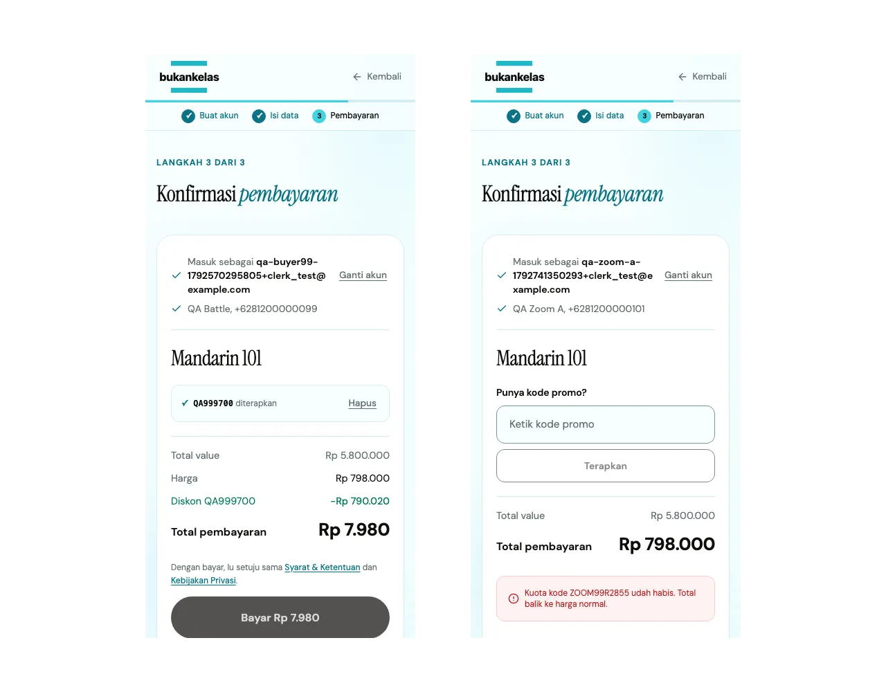Two phone checkouts side by side. On the left a 99% promo code is applied and the total is Rp 7.980. On the right the code's quota is used up and the total is back to the normal price.