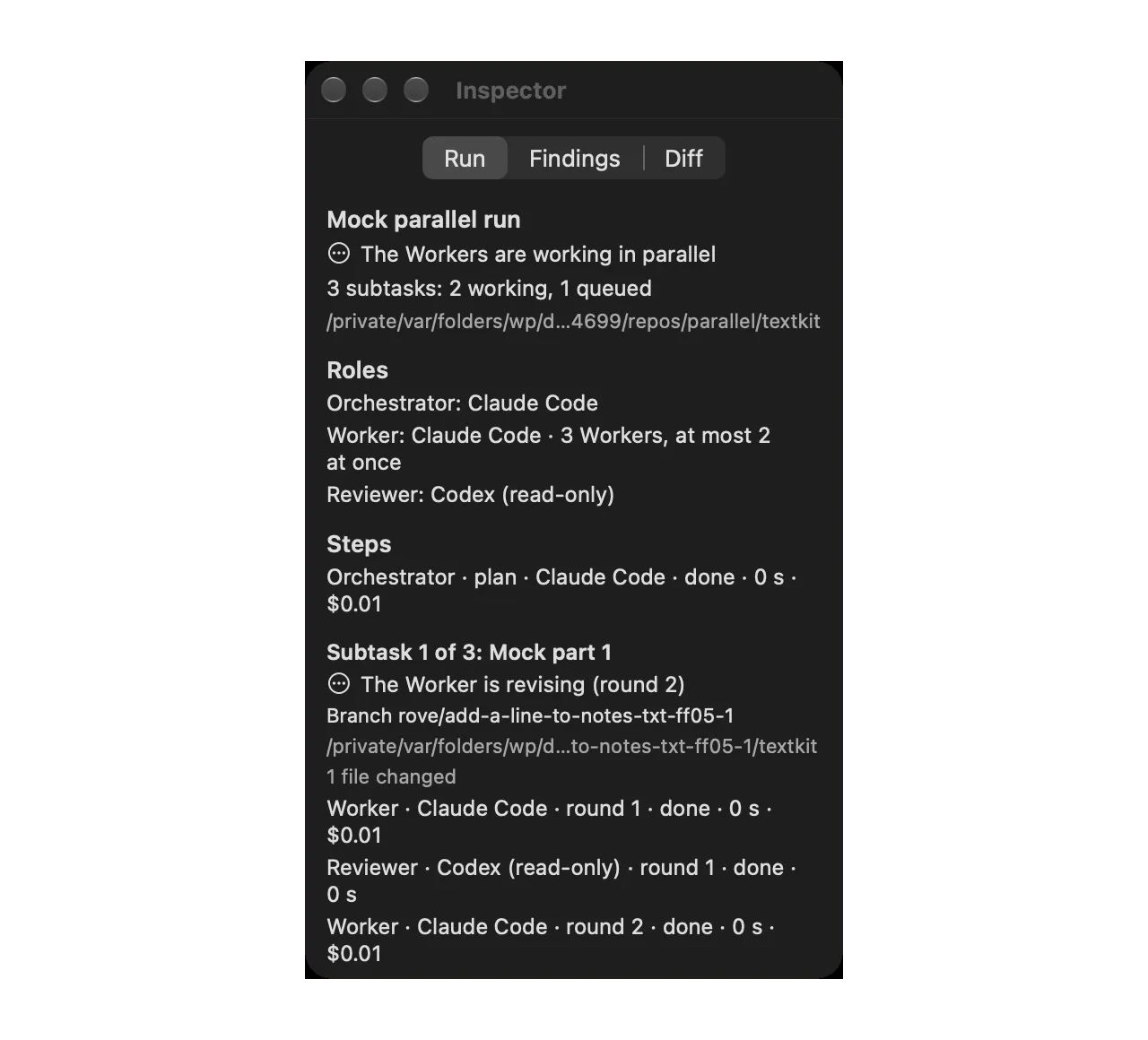 Run inspector during a mock parallel run, listing the Orchestrator, Worker and Reviewer roles with each step's status and cost.